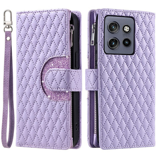 Style 012 for Motorola Edge 50 Neo 5G / Moto S50 5G / Thinkphone 25 5G Case Zipper Pocket Glitter Leather Phone Cover - Purple