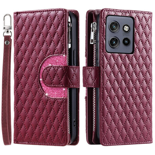 Style 012 for Motorola Edge 50 Neo 5G / Moto S50 5G / Thinkphone 25 5G Case Zipper Pocket Glitter Leather Phone Cover - Wine Red