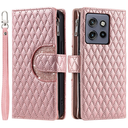 Style 012 for Motorola Edge 50 Neo 5G / Moto S50 5G / Thinkphone 25 5G Case Zipper Pocket Glitter Leather Phone Cover - Rose Gold