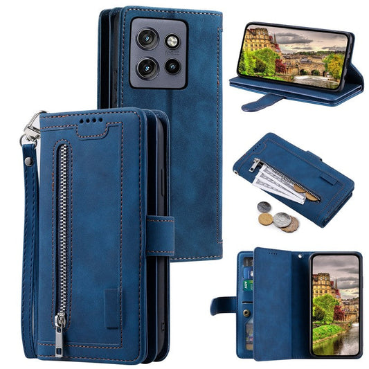 For Motorola Edge 50 Neo 5G / Moto S50 5G / Thinkphone 25 5G Case PU Leather Phone Cover with Zipper Wallet 9 Card Slots - Blue