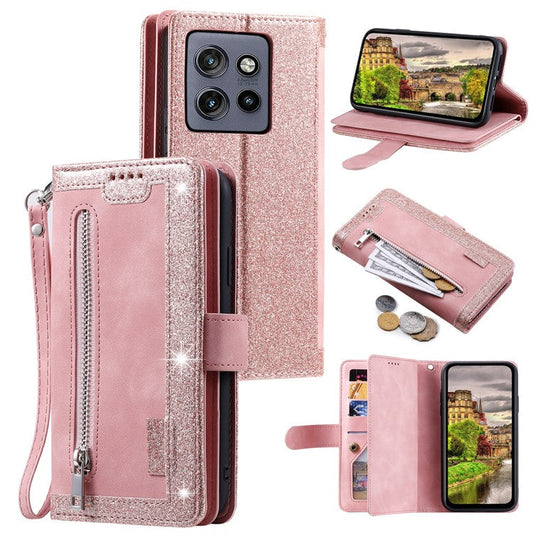 For Motorola Edge 50 Neo 5G / Moto S50 5G / Thinkphone 25 5G Case PU Leather Phone Cover with Zipper Wallet 9 Card Slots - Rose Gold