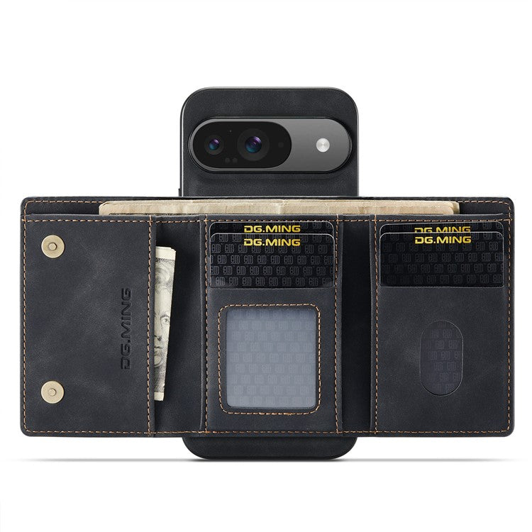 DG.MING M1 Series for Google Pixel 9 Pro / Pixel 9 Case Kickstand PU Phone Cover with Detachable Wallet - Black