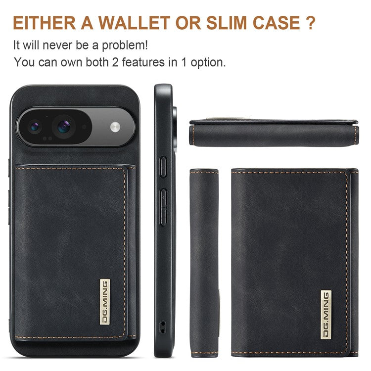 DG.MING M1 Series for Google Pixel 9 Pro / Pixel 9 Case Kickstand PU Phone Cover with Detachable Wallet - Black