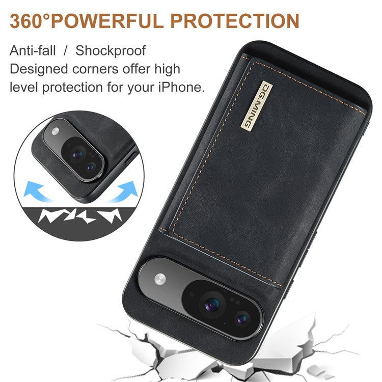 DG.MING M1 Series for Google Pixel 9 Pro / Pixel 9 Case Kickstand PU Phone Cover with Detachable Wallet - Black