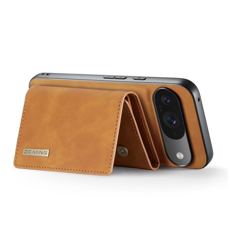 DG.MING M1 Series for Google Pixel 9 Pro / Pixel 9 Case Kickstand PU Phone Cover with Detachable Wallet - Brown