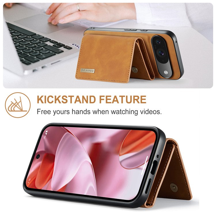DG.MING M1 Series for Google Pixel 9 Pro / Pixel 9 Case Kickstand PU Phone Cover with Detachable Wallet - Brown