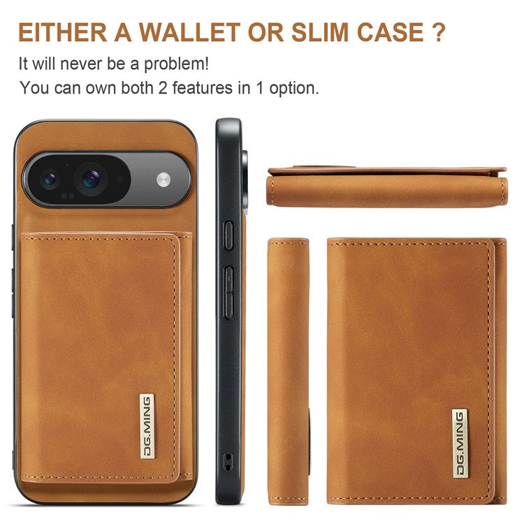 DG.MING M1 Series for Google Pixel 9 Pro / Pixel 9 Case Kickstand PU Phone Cover with Detachable Wallet - Brown