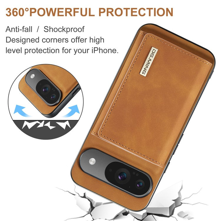 DG.MING M1 Series for Google Pixel 9 Pro / Pixel 9 Case Kickstand PU Phone Cover with Detachable Wallet - Brown