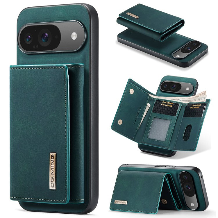 DG.MING M1 Series for Google Pixel 9 Pro / Pixel 9 Case Kickstand PU Phone Cover with Detachable Wallet - Green