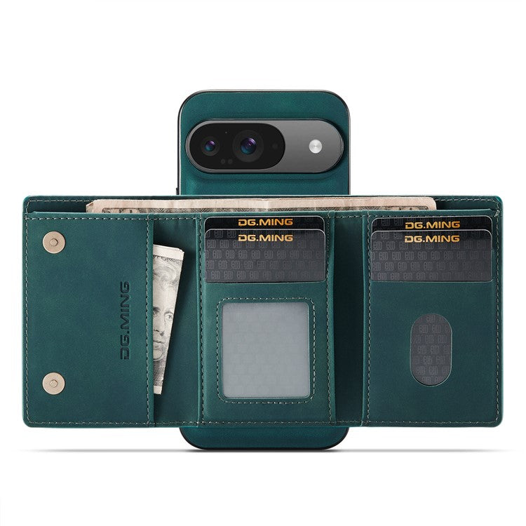 DG.MING M1 Series for Google Pixel 9 Pro / Pixel 9 Case Kickstand PU Phone Cover with Detachable Wallet - Green