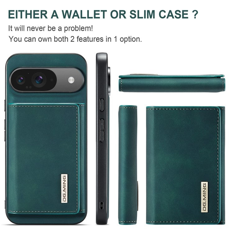 DG.MING M1 Series for Google Pixel 9 Pro / Pixel 9 Case Kickstand PU Phone Cover with Detachable Wallet - Green