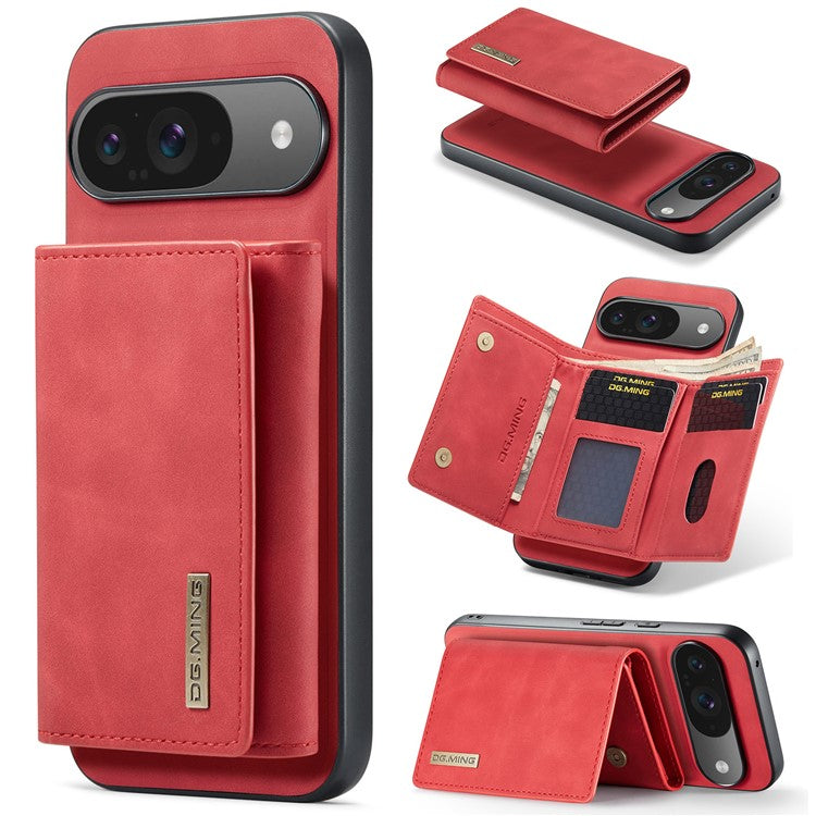 DG.MING M1 Series for Google Pixel 9 Pro / Pixel 9 Case Kickstand PU Phone Cover with Detachable Wallet - Red