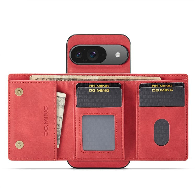 DG.MING M1 Series for Google Pixel 9 Pro / Pixel 9 Case Kickstand PU Phone Cover with Detachable Wallet - Red