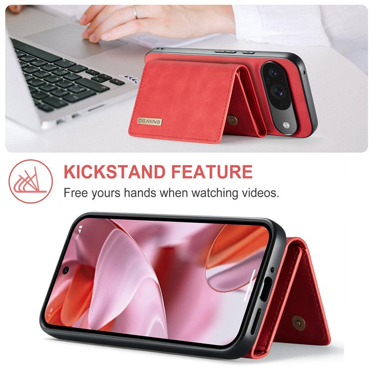 DG.MING M1 Series for Google Pixel 9 Pro / Pixel 9 Case Kickstand PU Phone Cover with Detachable Wallet - Red