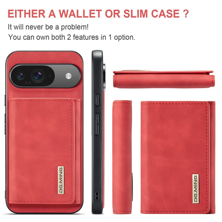 DG.MING M1 Series for Google Pixel 9 Pro / Pixel 9 Case Kickstand PU Phone Cover with Detachable Wallet - Red
