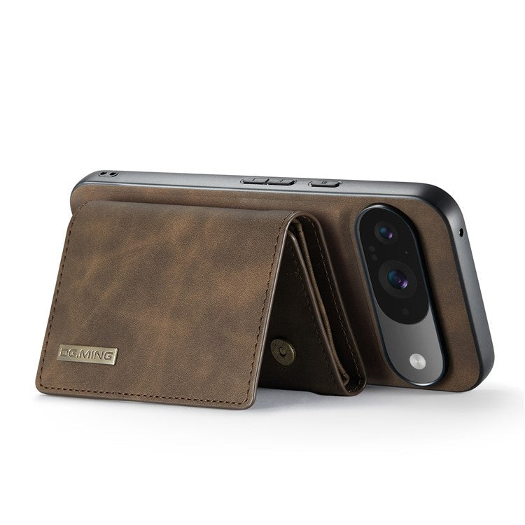 DG.MING M1 Series for Google Pixel 9 Pro / Pixel 9 Case Kickstand PU Phone Cover with Detachable Wallet - Coffee
