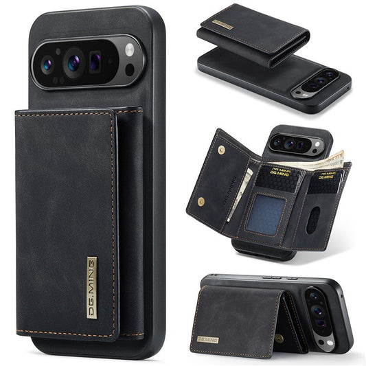 DG.MING M1 Series for Google Pixel 9 Pro XL Case Kickstand PU Phone Cover with Detachable Wallet - Black