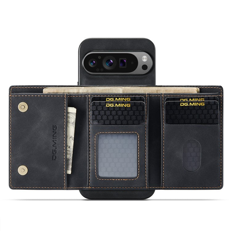 DG.MING M1 Series for Google Pixel 9 Pro XL Case Kickstand PU Phone Cover with Detachable Wallet - Black