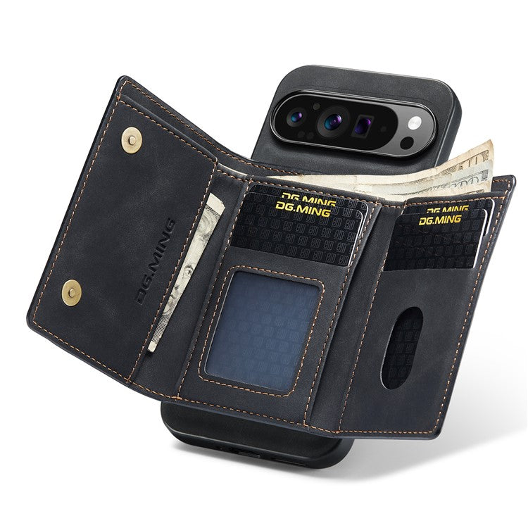 DG.MING M1 Series for Google Pixel 9 Pro XL Case Kickstand PU Phone Cover with Detachable Wallet - Black