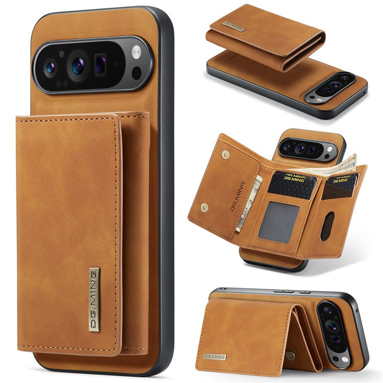 DG.MING M1 Series for Google Pixel 9 Pro XL Case Kickstand PU Phone Cover with Detachable Wallet - Brown