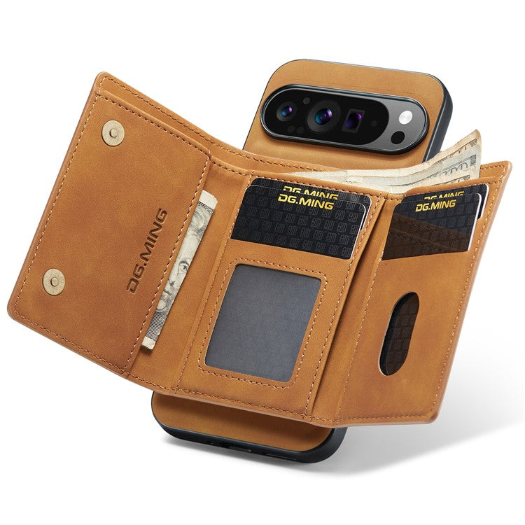 DG.MING M1 Series for Google Pixel 9 Pro XL Case Kickstand PU Phone Cover with Detachable Wallet - Brown