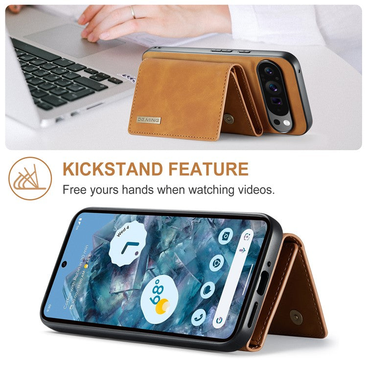 DG.MING M1 Series for Google Pixel 9 Pro XL Case Kickstand PU Phone Cover with Detachable Wallet - Brown