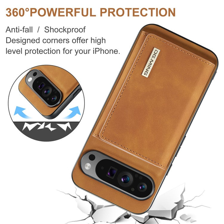 DG.MING M1 Series for Google Pixel 9 Pro XL Case Kickstand PU Phone Cover with Detachable Wallet - Brown