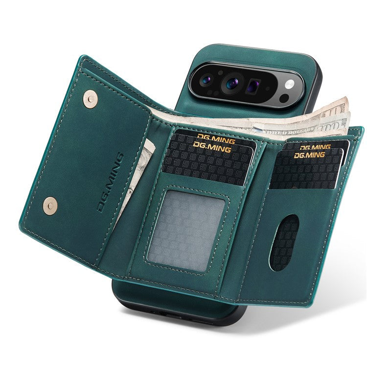 DG.MING M1 Series for Google Pixel 9 Pro XL Case Kickstand PU Phone Cover with Detachable Wallet - Green