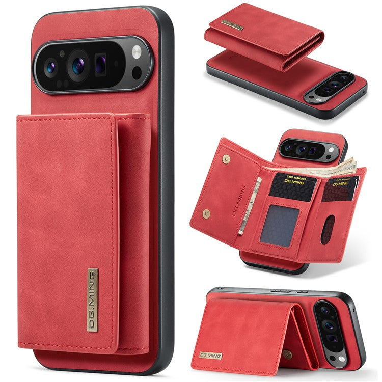 DG.MING M1 Series for Google Pixel 9 Pro XL Case Kickstand PU Phone Cover with Detachable Wallet - Red