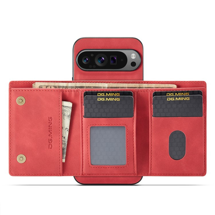 DG.MING M1 Series for Google Pixel 9 Pro XL Case Kickstand PU Phone Cover with Detachable Wallet - Red