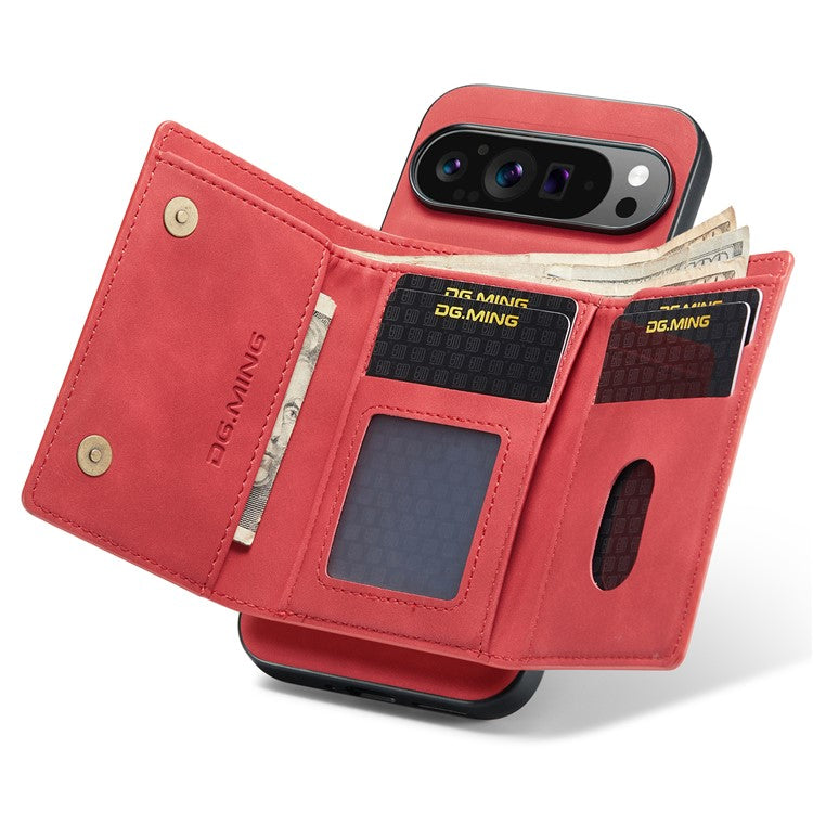 DG.MING M1 Series for Google Pixel 9 Pro XL Case Kickstand PU Phone Cover with Detachable Wallet - Red