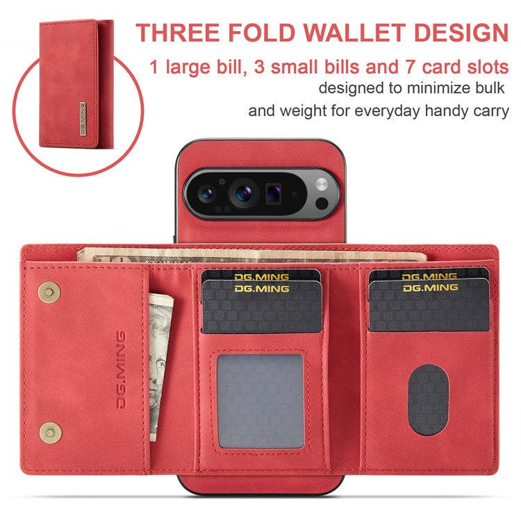 DG.MING M1 Series for Google Pixel 9 Pro XL Case Kickstand PU Phone Cover with Detachable Wallet - Red