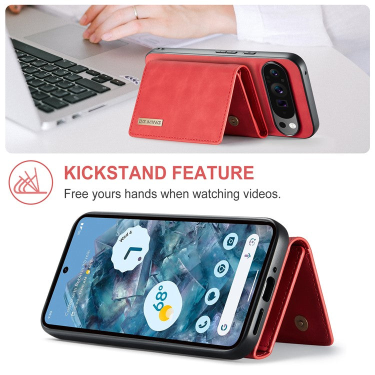 DG.MING M1 Series for Google Pixel 9 Pro XL Case Kickstand PU Phone Cover with Detachable Wallet - Red