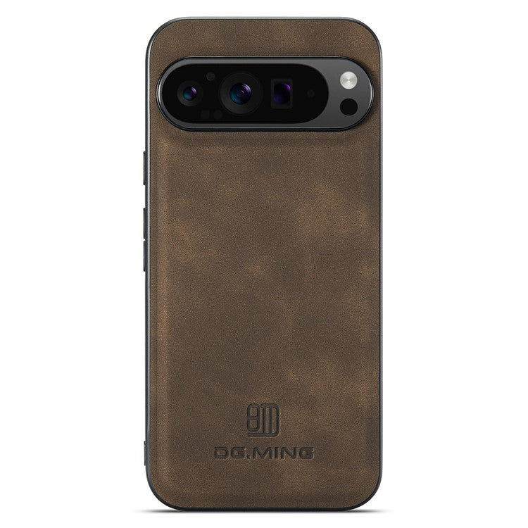 DG.MING For Google Pixel 9 Pro XL Case PU Leather Covered PC+TPU Hybrid Phone Shell - Coffee