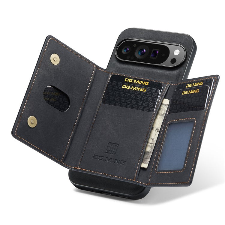 DG.MING M2 Series for Google Pixel 9 Pro XL Case PU+PC+TPU Phone Cover Detachable Wallet - Black