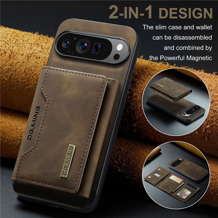 DG.MING M2 Series for Google Pixel 9 Pro XL Case PU+PC+TPU Phone Cover Detachable Wallet - Coffee