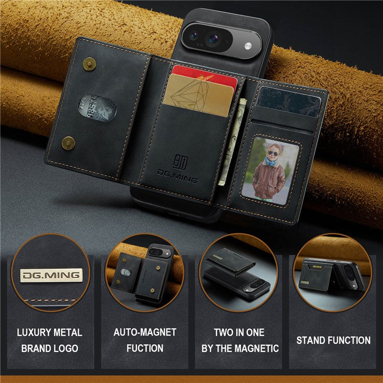 DG.MING M2 Series for Google Pixel 9 Pro / Pixel 9 Case PU+PC+TPU Phone Cover Detachable Wallet - Black