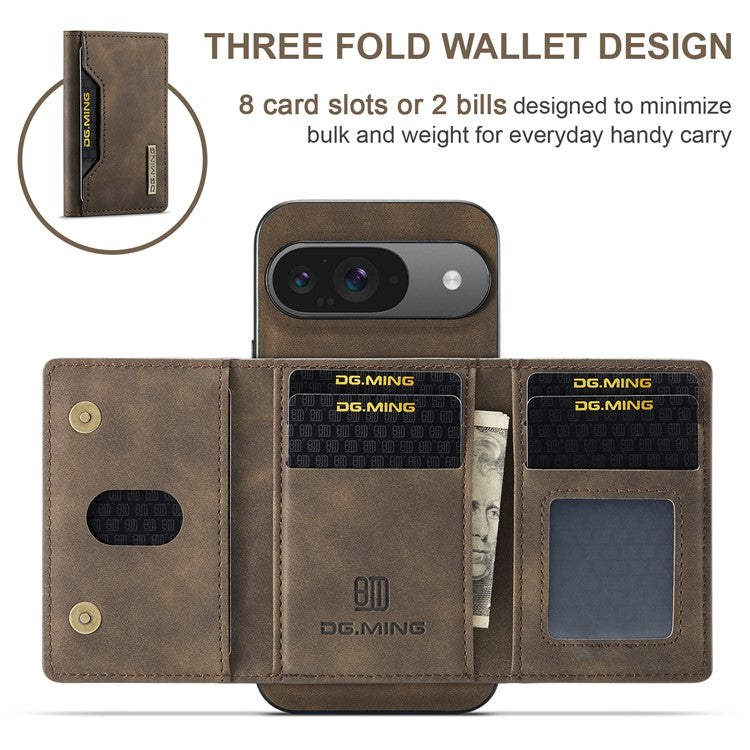 DG.MING M2 Series for Google Pixel 9 Pro / Pixel 9 Case PU+PC+TPU Phone Cover Detachable Wallet - Coffee