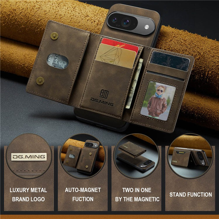DG.MING M2 Series for Google Pixel 9 Pro / Pixel 9 Case PU+PC+TPU Phone Cover Detachable Wallet - Coffee