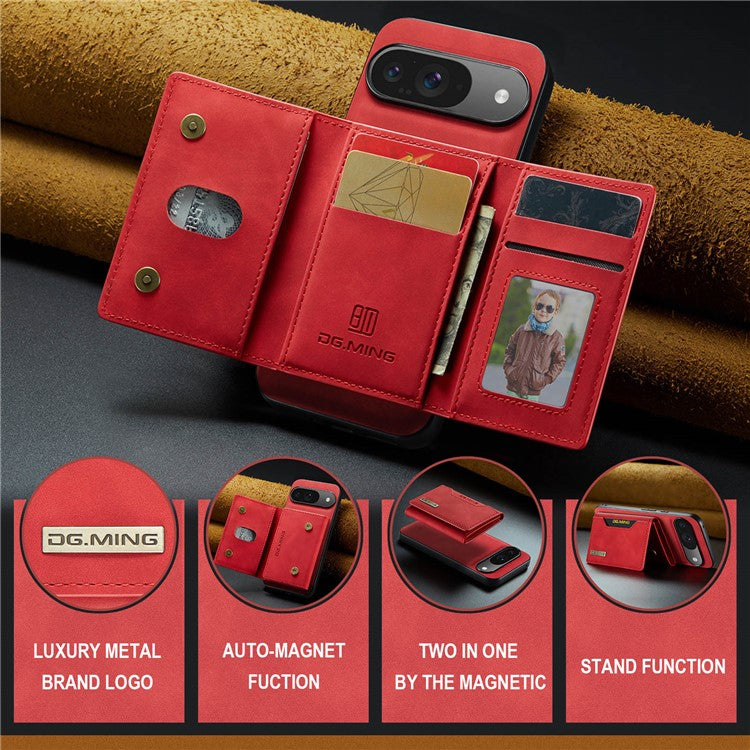 DG.MING M2 Series for Google Pixel 9 Pro / Pixel 9 Case PU+PC+TPU Phone Cover Detachable Wallet - Red