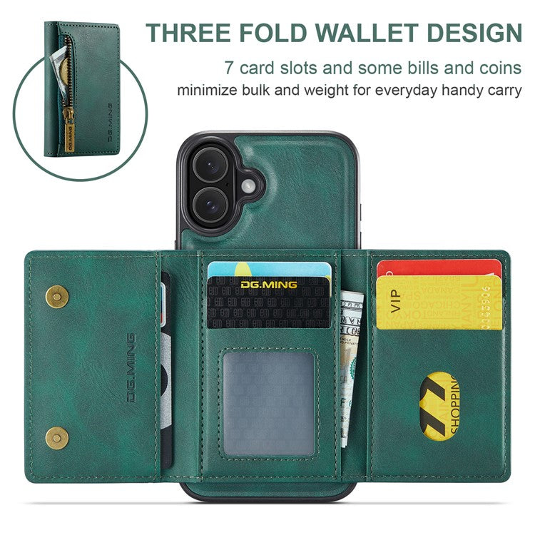 DG.MING M5 Series For iPhone 16 Plus Case Detachable Magnetic Leather Phone Cover with Card Slots - Green