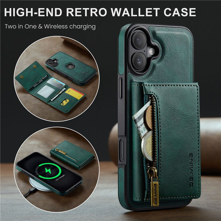 DG.MING M5 Series For iPhone 16 Plus Case Detachable Magnetic Leather Phone Cover with Card Slots - Green