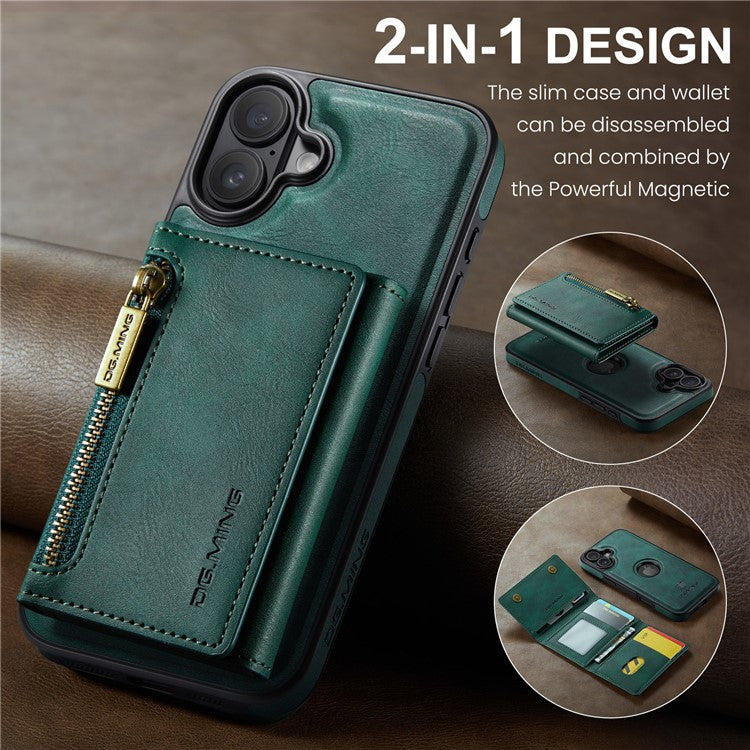 DG.MING M5 Series For iPhone 16 Plus Case Detachable Magnetic Leather Phone Cover with Card Slots - Green