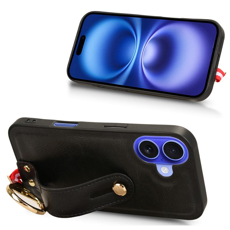 For iPhone 16 Plus Case Wristband Kickstand Leather+PC+TPU Phone Cover with Bottle Opener - Black