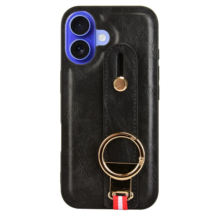 For iPhone 16 Plus Case Wristband Kickstand Leather+PC+TPU Phone Cover with Bottle Opener - Black