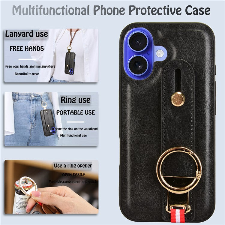 For iPhone 16 Plus Case Wristband Kickstand Leather+PC+TPU Phone Cover with Bottle Opener - Black
