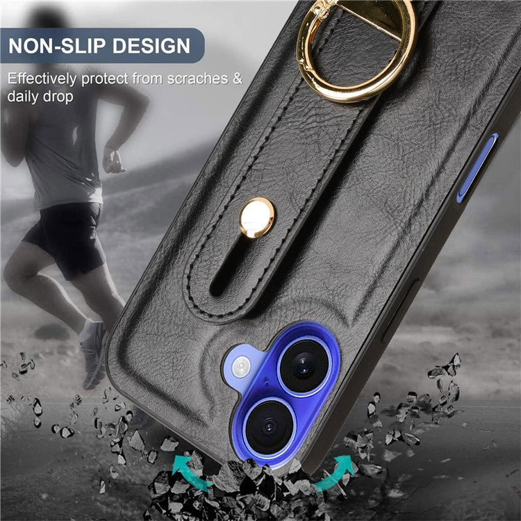 For iPhone 16 Plus Case Wristband Kickstand Leather+PC+TPU Phone Cover with Bottle Opener - Black