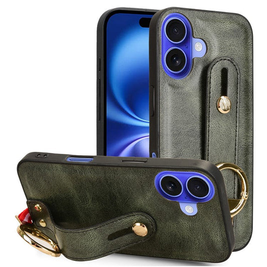 For iPhone 16 Plus Case Wristband Kickstand Leather+PC+TPU Phone Cover with Bottle Opener - Green