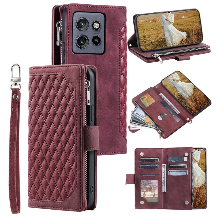 Style 005 For Motorola Edge 50 Neo 5G / Moto S50 5G / Thinkphone 25 5G Wallet Case Rhombus Stitching Line PU Leather Phone Cover - Wine Red
