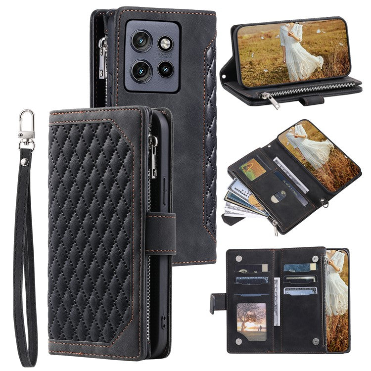 Style 005 For Motorola Edge 50 Neo 5G / Moto S50 5G / Thinkphone 25 5G Wallet Case Rhombus Stitching Line PU Leather Phone Cover - Black